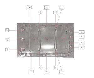 Stamped steel part marked up with red lines symbolizing stamping issues that are possible.